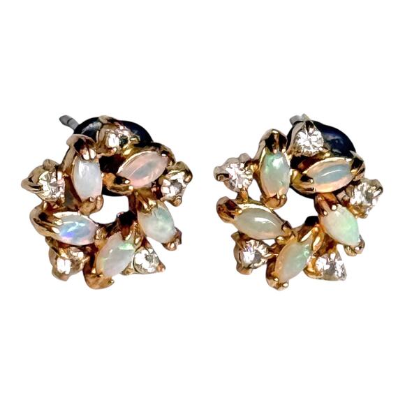 VTG Aurora Borealis Milk Glass STUD POST EARRINGS Simulated Fire Opal 1/2" Gold - Picture 1 of 5